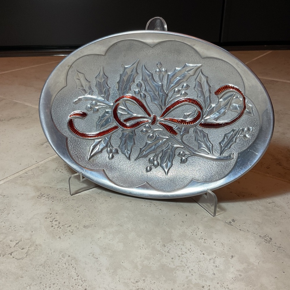EUC Lenox Silver Metal Tray, Holly with red embossed bow. Holidays or everyday.
